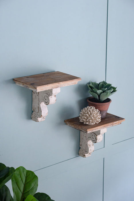 Distressed And Wooden Wall Shelf With Corbel Design - Brown / Antique White