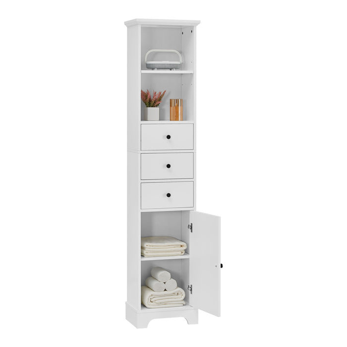Tall Storage Cabinet With 3 Drawers And Adjustable Shelves For Bathroom