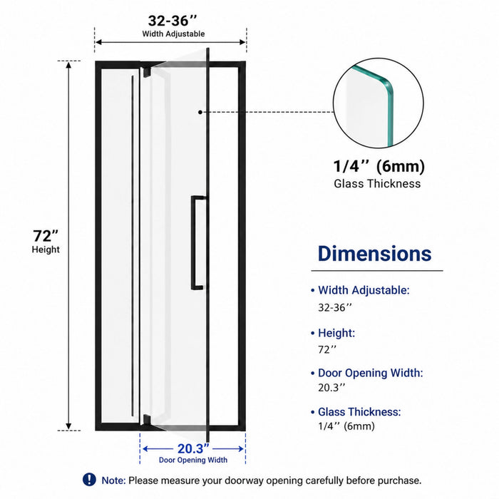 Semi-Frameless Pivot Hinged Shower Door, Reversible Design