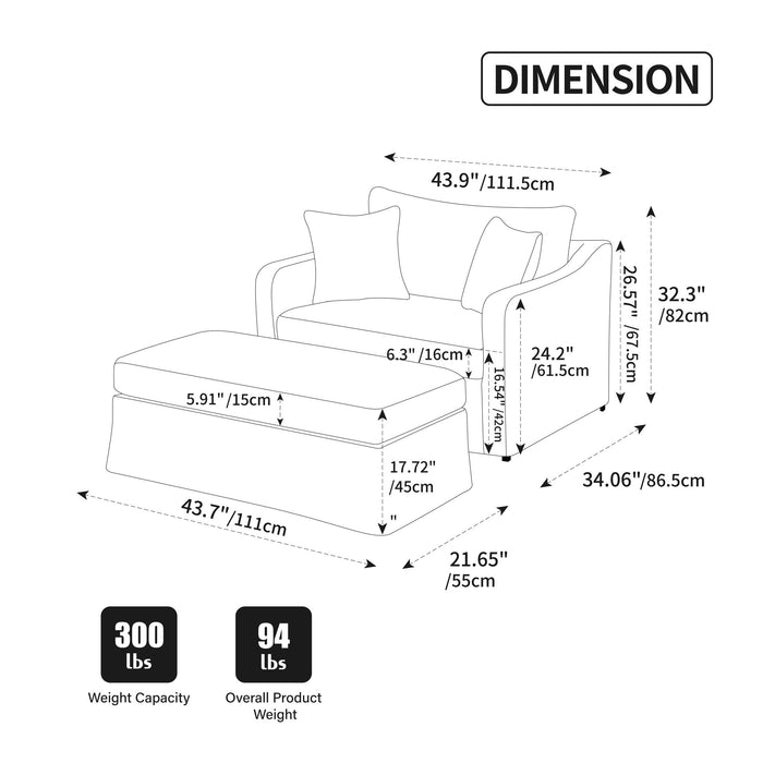 Accent Chair With Ottoman, Includes 2 Bolster Pillows