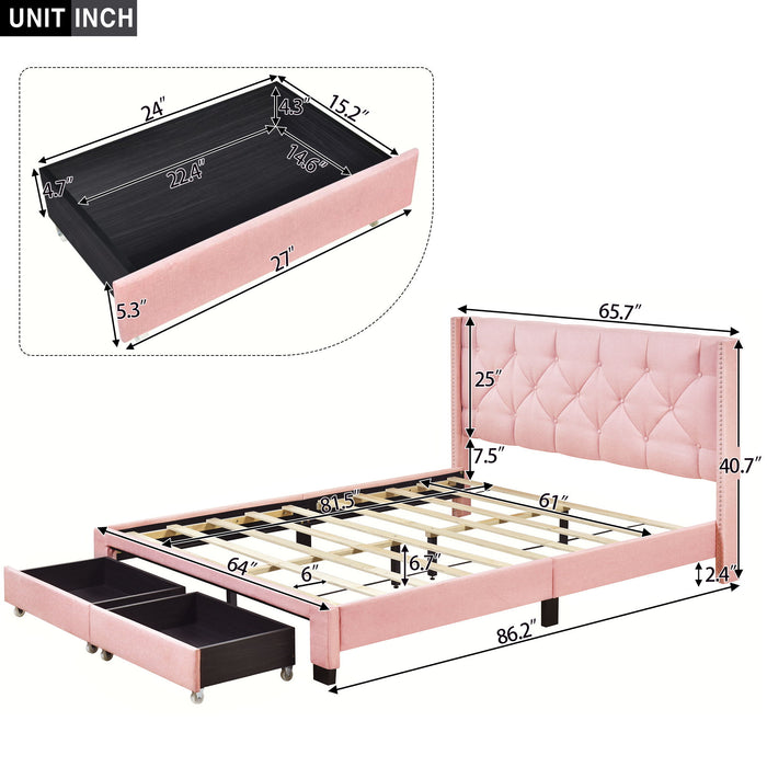 Queen Size Storage Bed Linen Upholstered Platform Bed & Two Drawers - Pink
