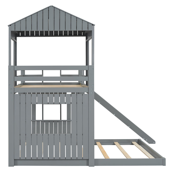 Loft Bunk Bed With Playhouse, Farmhouse, Ladder, Slide And Guardrails