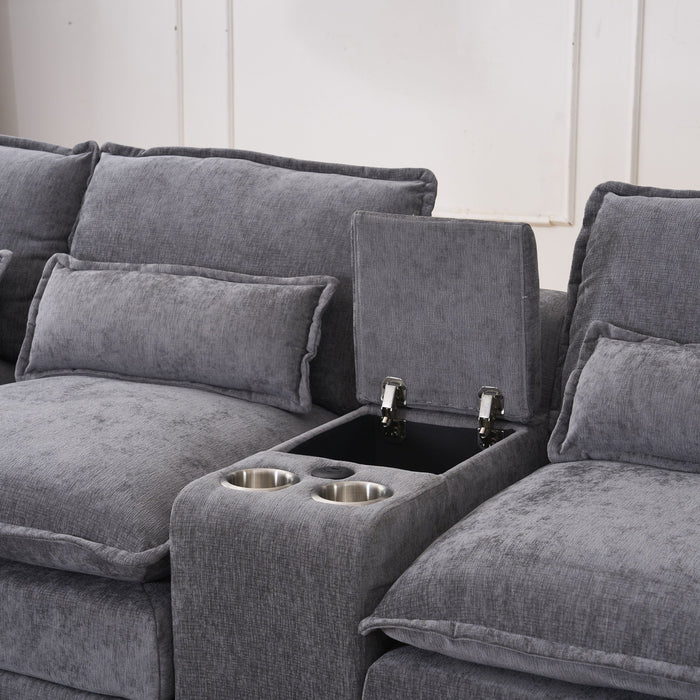 U Shaped Sofa With Console, Cupholders, USB Ports, 6 Seat, Bronzing Suede & Chenille