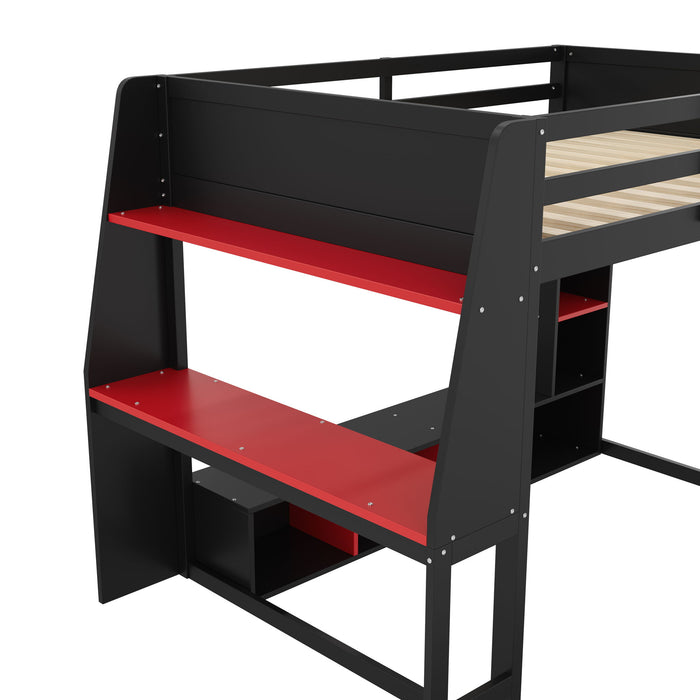 Gaming Loft Bed With Desk, Multi Storage Shelves, LED Lighting, And Hanging Clothes Rack