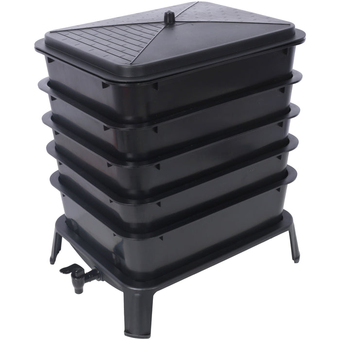 Eco Friendly 5 Layer Worm Compost Bin With 50L Capacity, Easy Setup Plastic Worm Farm Kit - Black