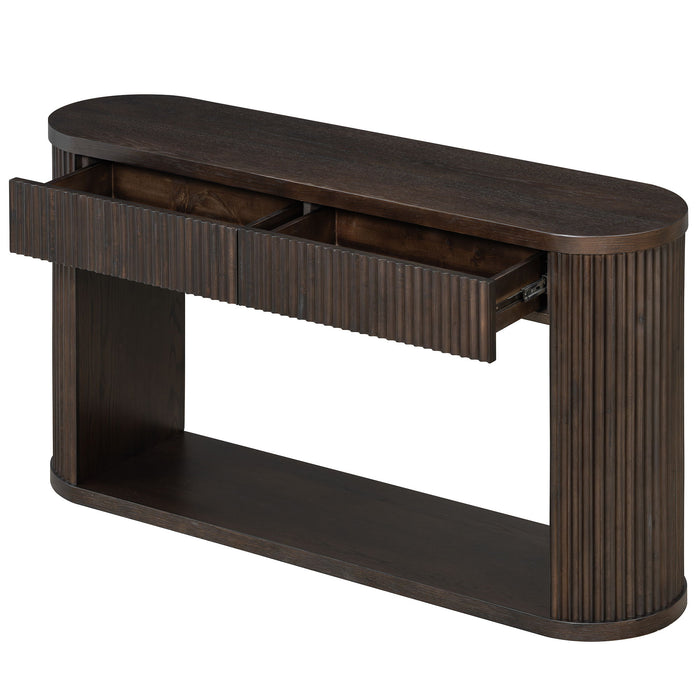 Oval Fluted Console Table With 2 Drawers And Bottom Shelf