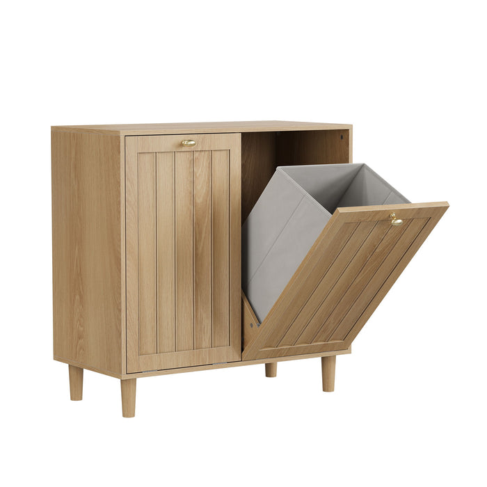 Sloping Laundry Basket With Removable Inner Bin, Concealed Storage Cabinet For Bathroom - Oak