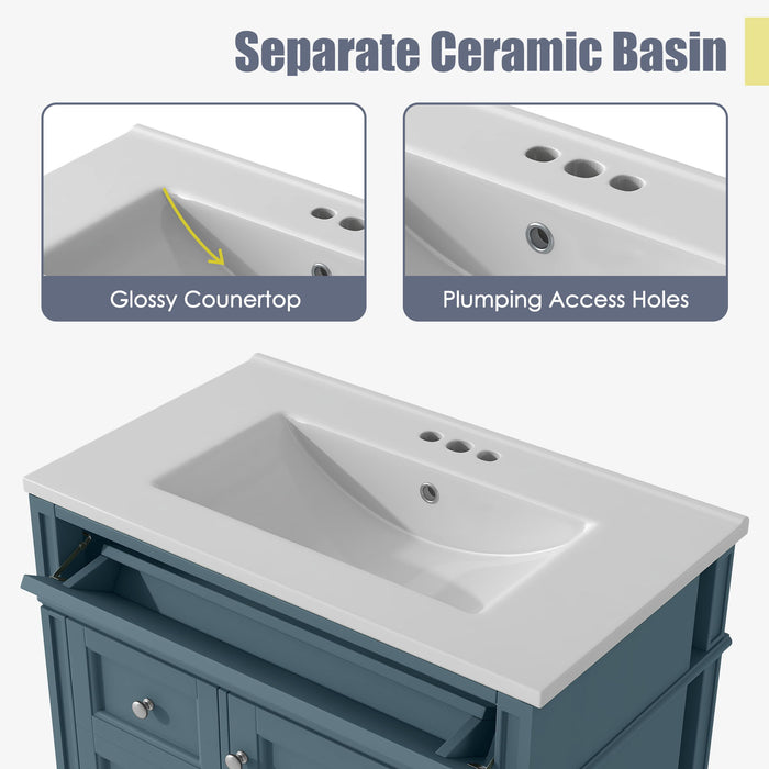 Bathroom Vanity With Top Sink, Storage Cabinet With 2 Drawers And Tip Out Drawer, Rectangular Design - Blue