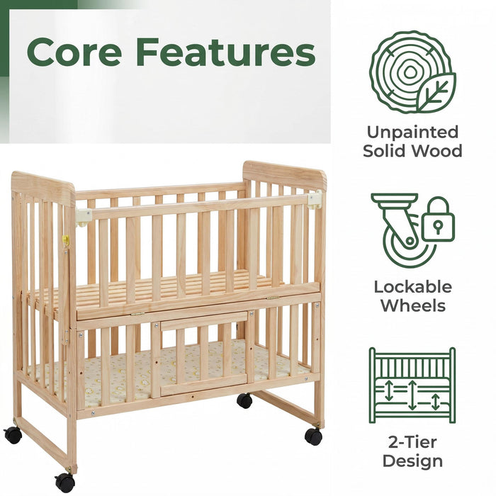 Portable Mini Baby Crib 5 In 1 Convertible With Foldable Storage - Natural Wood