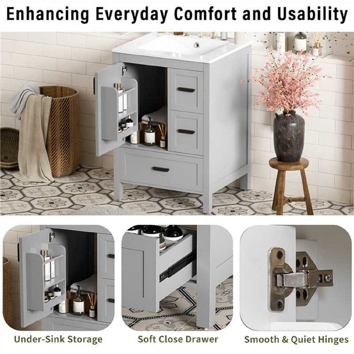 Bathroom Vanity With Sink, Soft Close Door, Double Layer Door Shelf And 3 Drawers - Gray