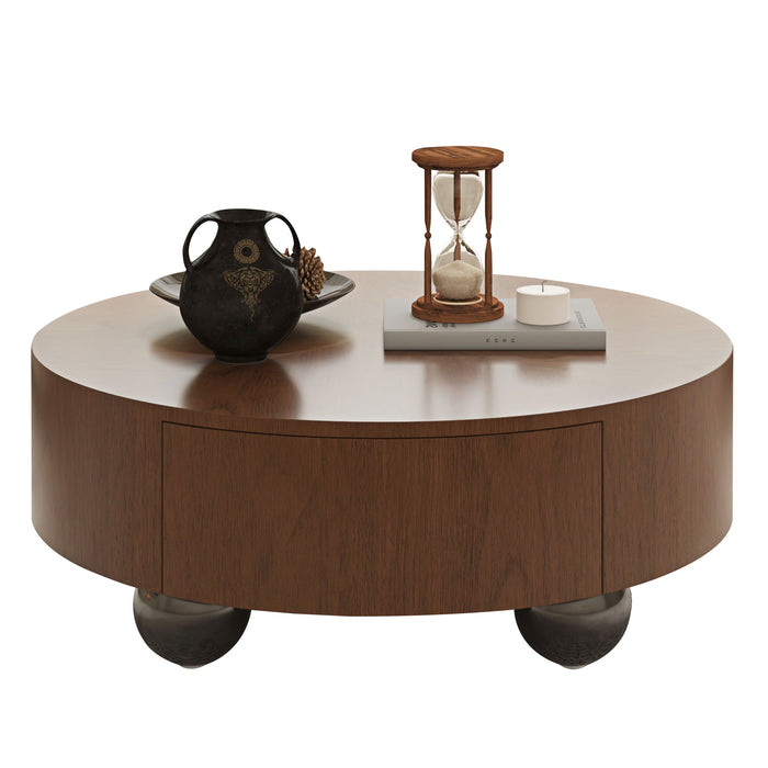 Drum Shaped Coffee Table With Hidden Storage Drawer, Low Profile For Living Room - Walnut