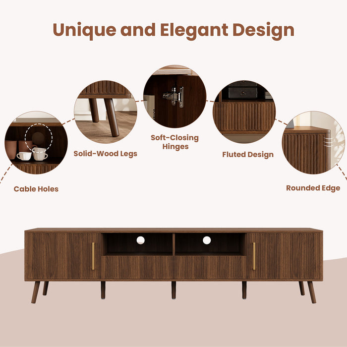 78" TV Stand For 85" TVs With Fluted Doors, Open Shelf, Cable Management - Walnut