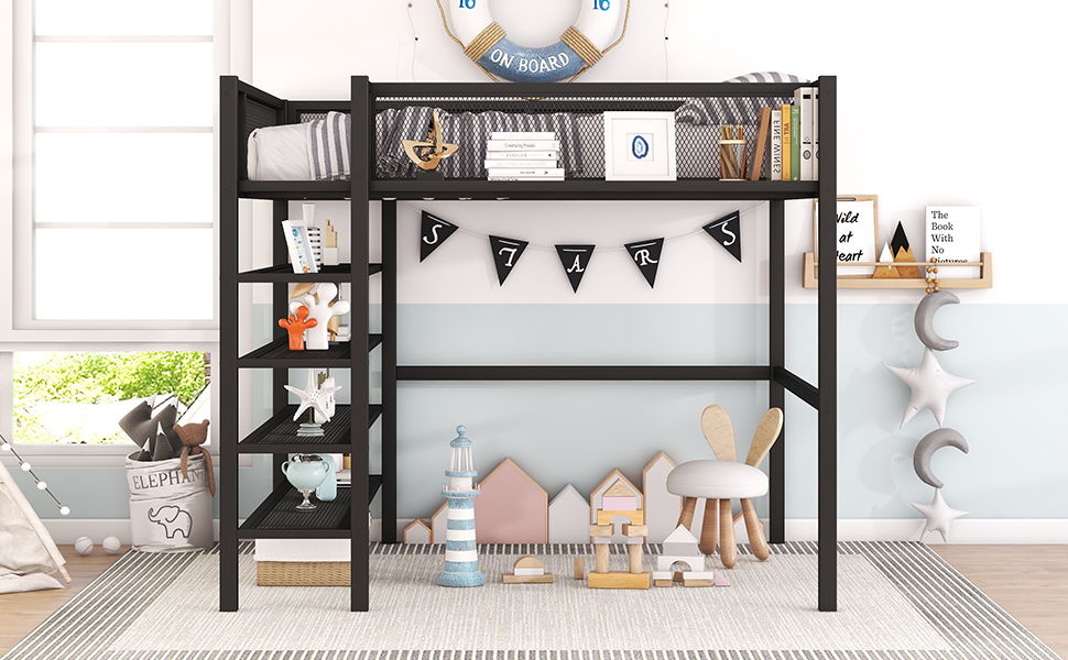 Loft Bed With 4 Tier Shelves And Storage