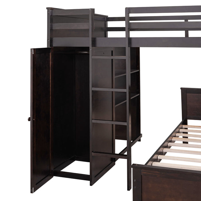 Loft Bed With A Twin Size Standalone Bed, Shelves, Desk, And Wardrobe