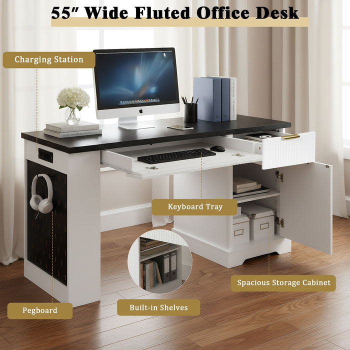 Modern Fluted Office Desk With Storage Cabinet