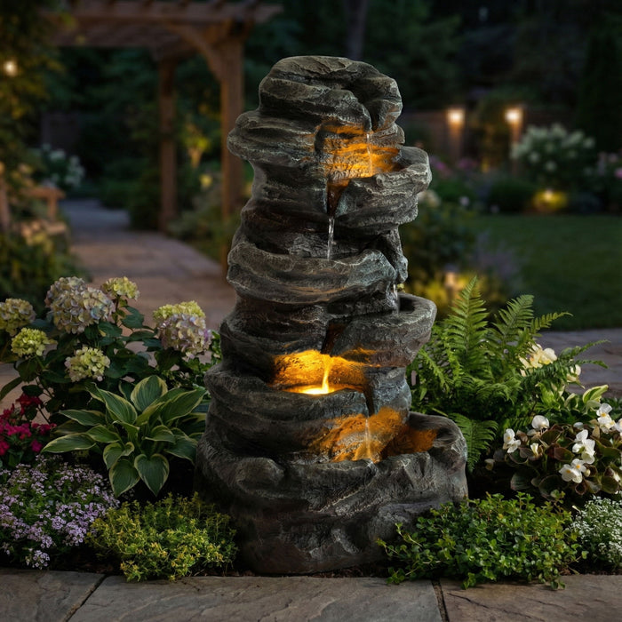 6 Tier Cascading Stone Water Fountain With LED Lights - Gray