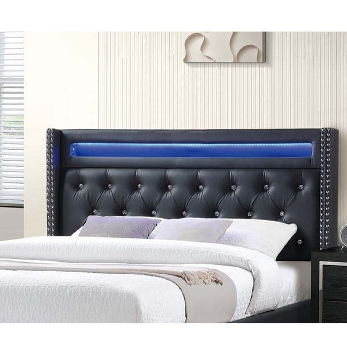 Modern Bed With LED Lights, Charging Port, Tufted Headboard