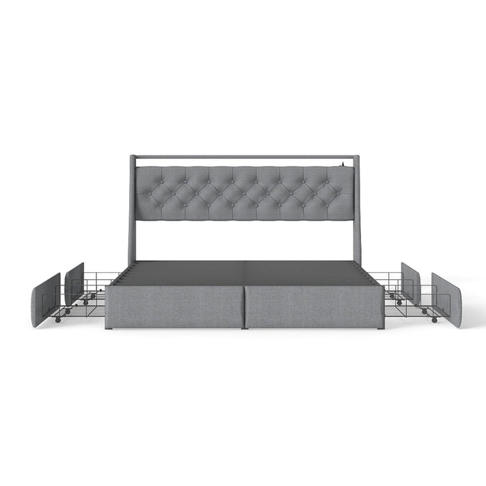 Platform Bed Frame With RGB LED Lights, Charging Station, Storage Headboard & 4 Underbed Drawers