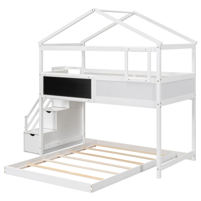 House Style Bunk Bed With Storage Staircase And Blackboard
