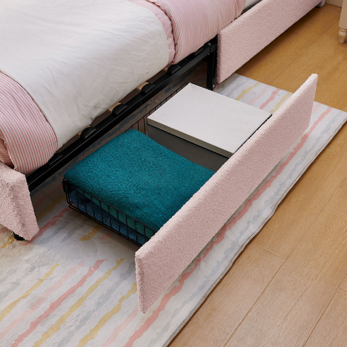 Upholstered Bed With Oversized Rabbit Ear Headboard, LED Lights & 4 Storage Drawers