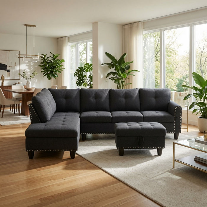 L - Shaped 3 Piece Sectional Sofa With Chaise, Storage Ottoman & Cup Holders