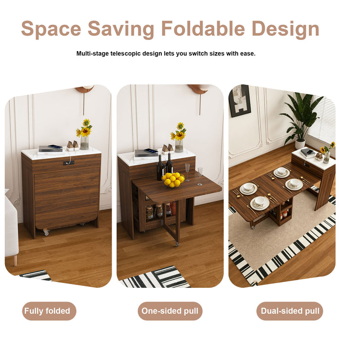 Extendable Dining Table With Power Socket, Lockable Casters, Storage Cabinet, Pull Out Kitchen Island - Natural Walnut