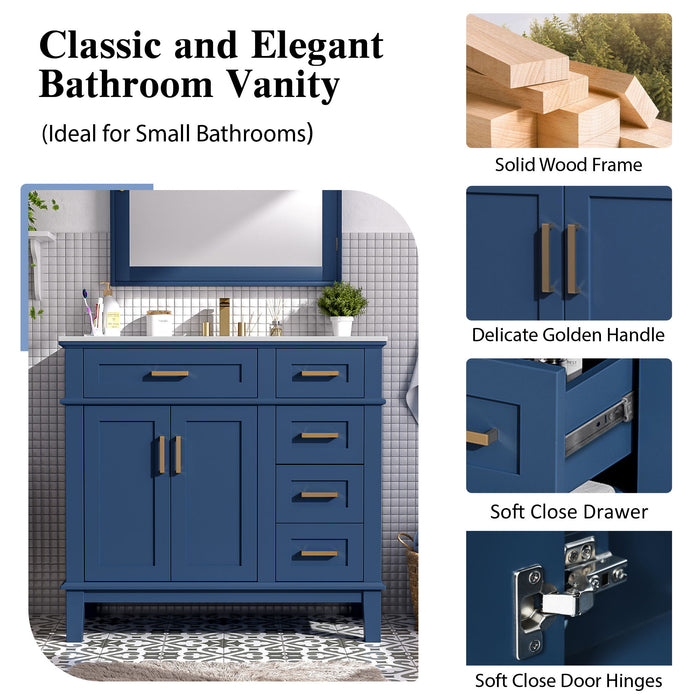 Bathroom Vanity With Ceramic Sink, Soft-Close Doors, 4 Storage Drawers - Blue