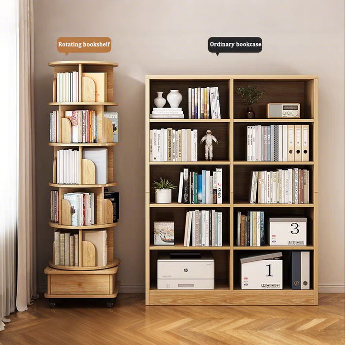 6 Tier Rotating Bookshelf With Wheels And Drawer, 360° Spinning Design, Space Saving Storage, For Home - Wood
