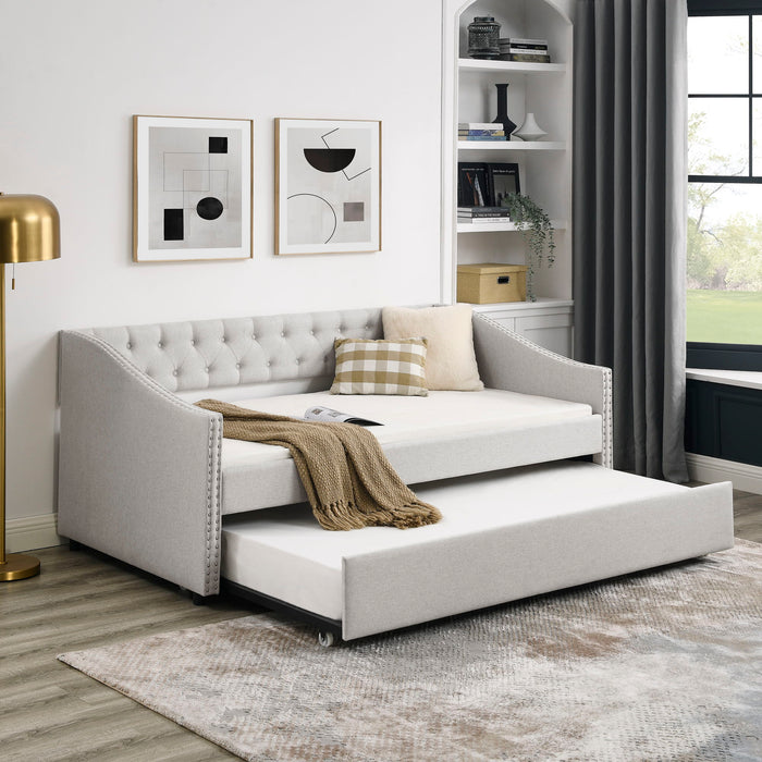Upholstered Tufted Daybed With Drawers, Waved Arms