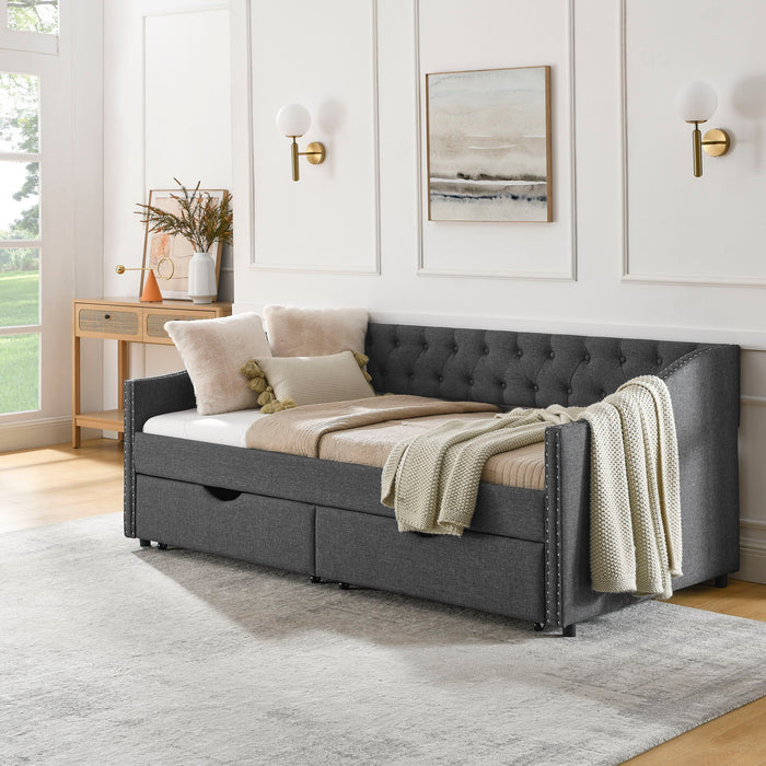 Upholstered Tufted Daybed With 2 Drawers, Waved Arms
