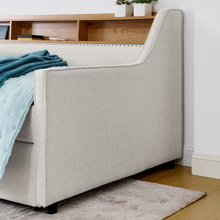 Upholstered Sofa Bed With LED Lights, Storage Headboard, Foldable Trundle & Wireless Charging