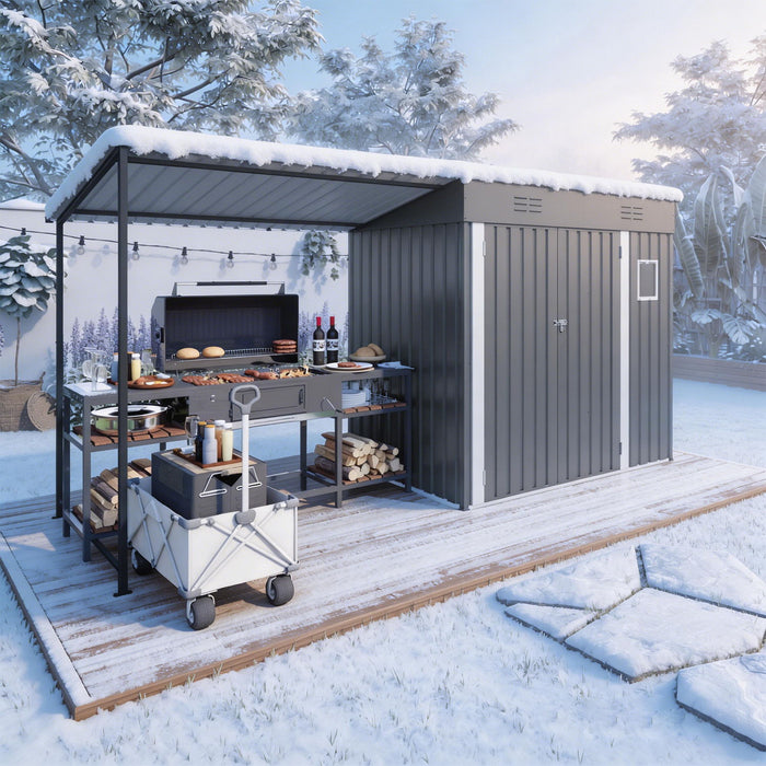 Lean To Shed With Open Sided Pergola, Outdoor Storage Shed & Attached Hardtop Gazebo Combo - Gray
