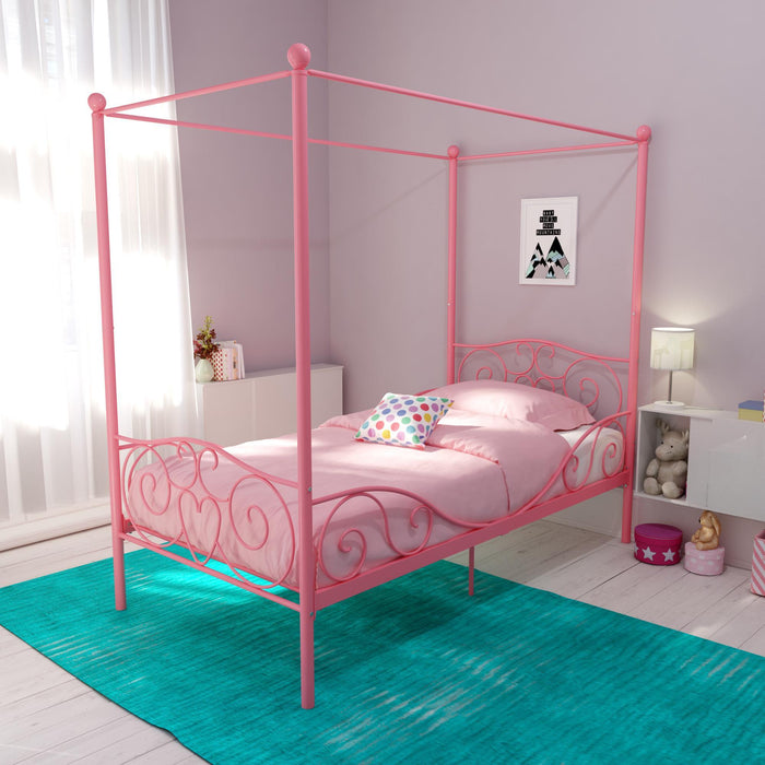 Twin Canopy Bed With Heart Scroll Design And Finial Posts - Pink