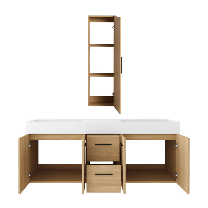 Floating Double Sink Bathroom Vanity Set With Tall Linen Cabinet, Drawers And Doors, Extra Large Storage, Integrated Sink, Soft Close Hardware - Glossy White / Light Oak