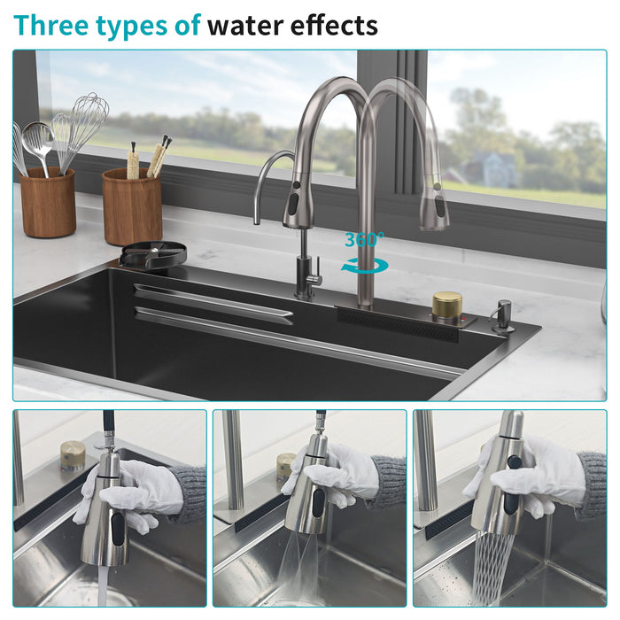 Waterfall Kitchen Sink With Pull Out Faucet & Cup Washer
