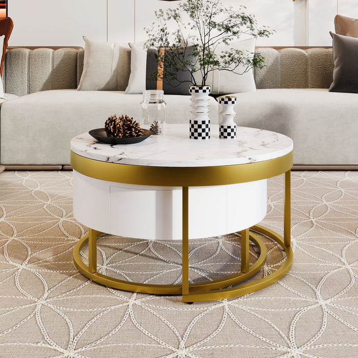 Round Nesting Coffee Table With Drawers - Golden / White