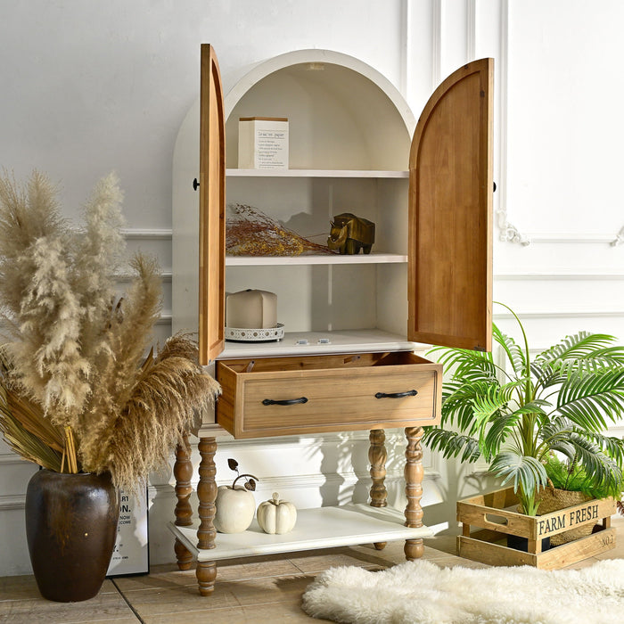 Arched Flower Carved Door Accent Sideboard Cabinet With 1 Drawer And Shelf, Cabinet For Kitchen - Natural / White