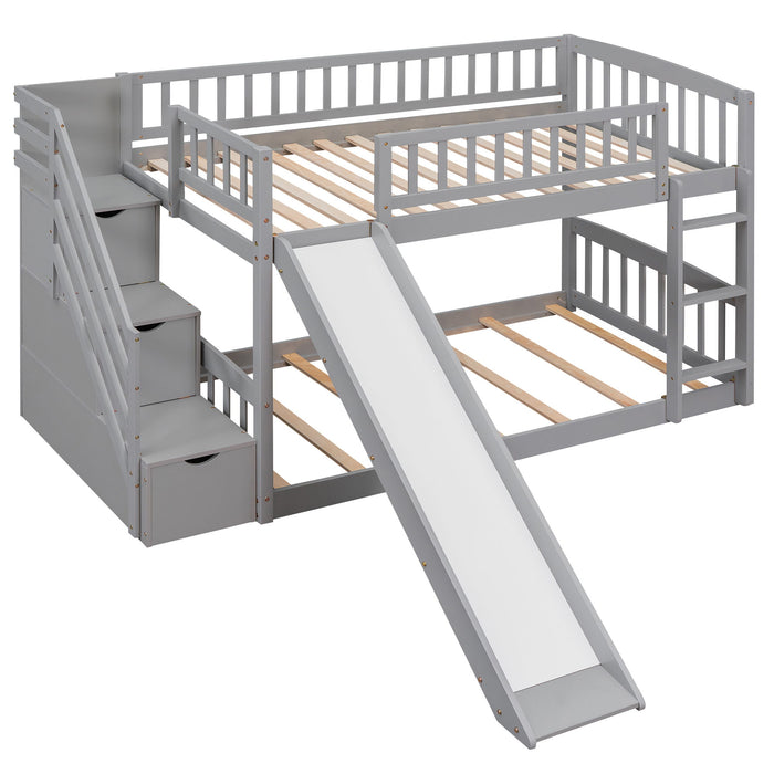 Twin Over Twin Bunk Stairway Bed With 2 Drawers And Slide - Gray
