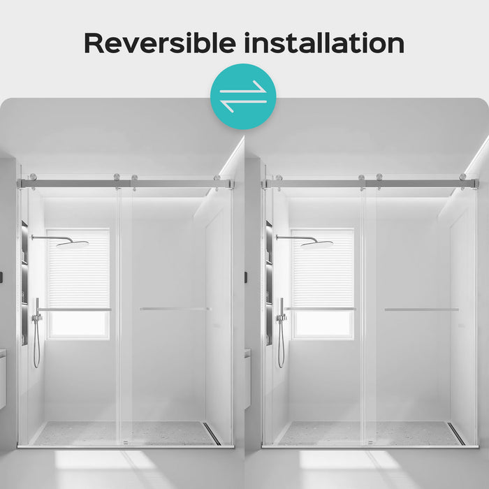 Frameless Double Sliding Shower Door In, Thick Tempered Glass, Reversible Installation