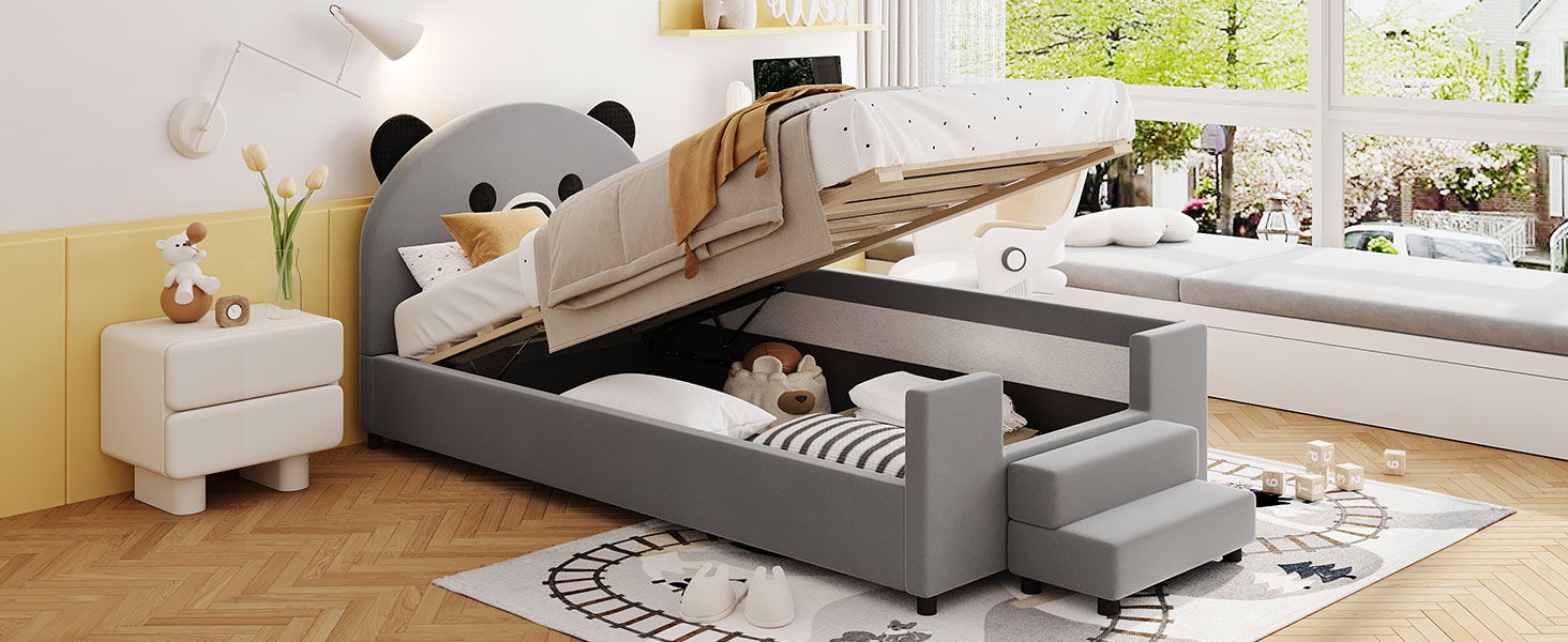 Upholstered Daybed With Bear Shaped Headboard, Hydraulic System And Breathable Mesh Fence