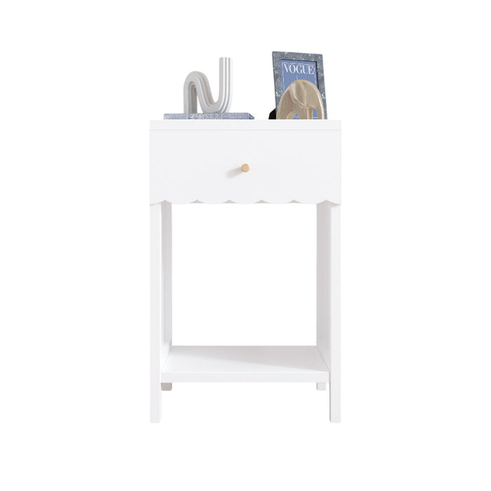 Nightstand With Drawer And Open Shelf, Scalloped Edge Bedside Table