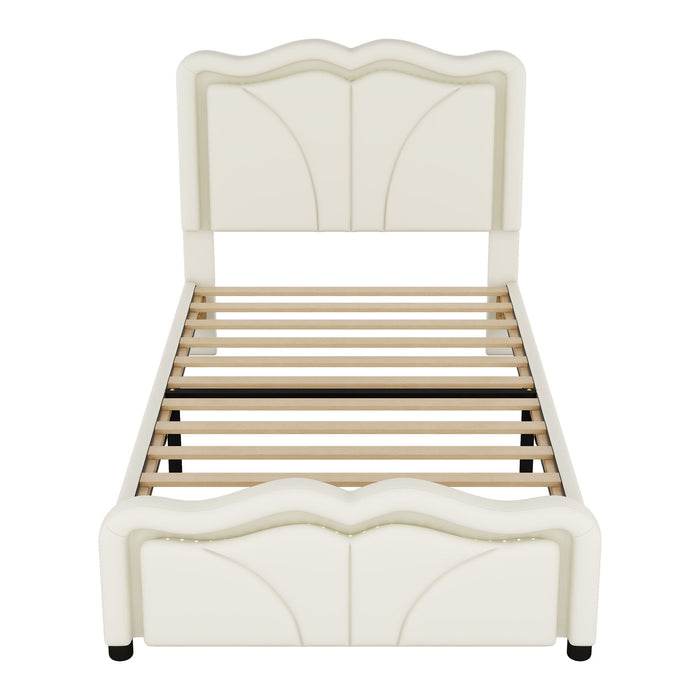 Upholstered Platform Bed & Curve Shaped And Height Adjustable Headboard, LED Light Strips