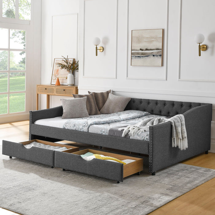 Upholstered Tufted Daybed With 2 Drawers, Waved Arms