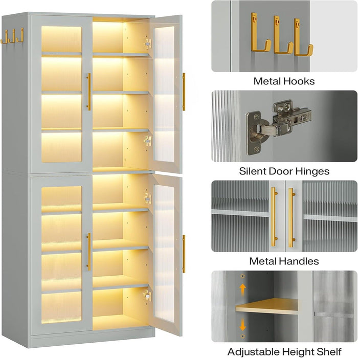 Bookcase With Doors And LED Lighting, 8 Adjustable Shelves Storage Cabinet
