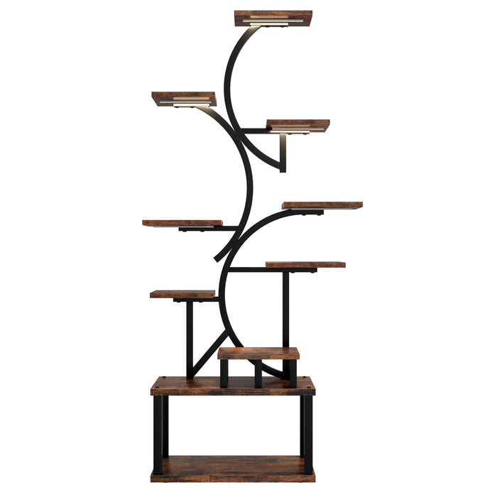 S - Shaped, 10 Tier Plant Stand With 5 Grow Lights - Deep Rustic Brown
