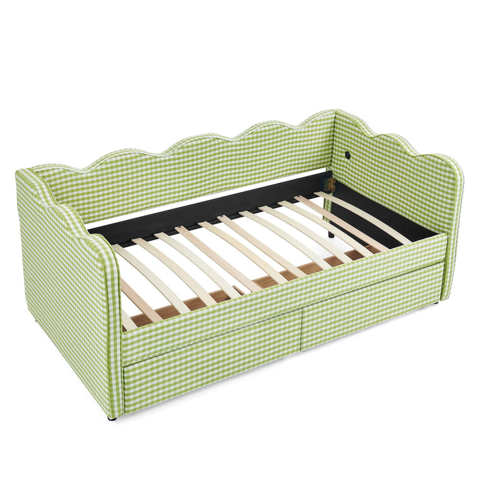 Gingham Daybed With USB Charging Port, Wave-Shaped Design