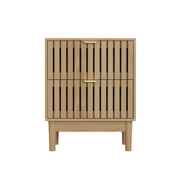 Bedside Table With Grille Design And 2 Drawers, Side Table For Bedroom - Oak