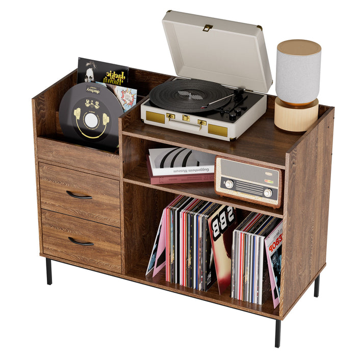 Grain Record Player Stand, Media Console With Speaker Shelf & 2 Drawers