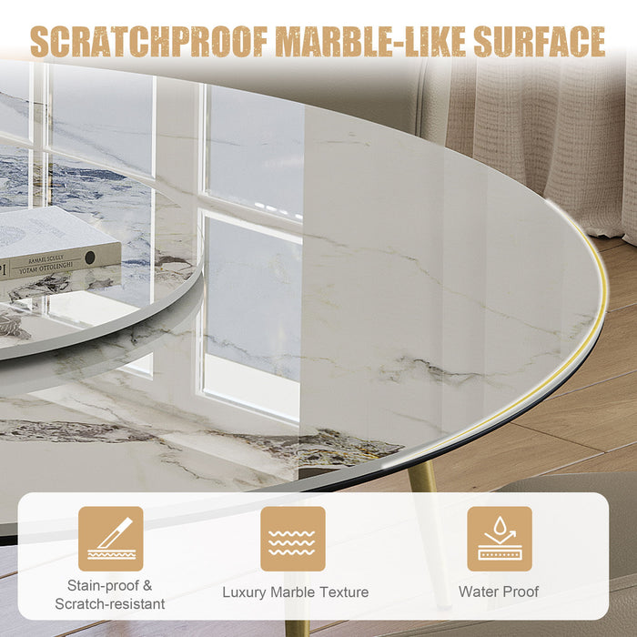 Luxury Round 59" Sintered Stone Dining Table With Stainless Steel Hourglass Base, Scratch & Heat Resistant Surface - Golden / White