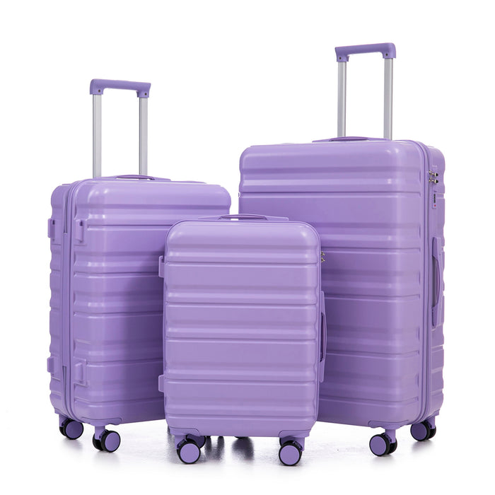 3 Piece 20" / 24" / 28" Spinner Luggage Set & Combination Lock, Durable Hard Shell With 360° Silent Wheels - Blue / Purple
